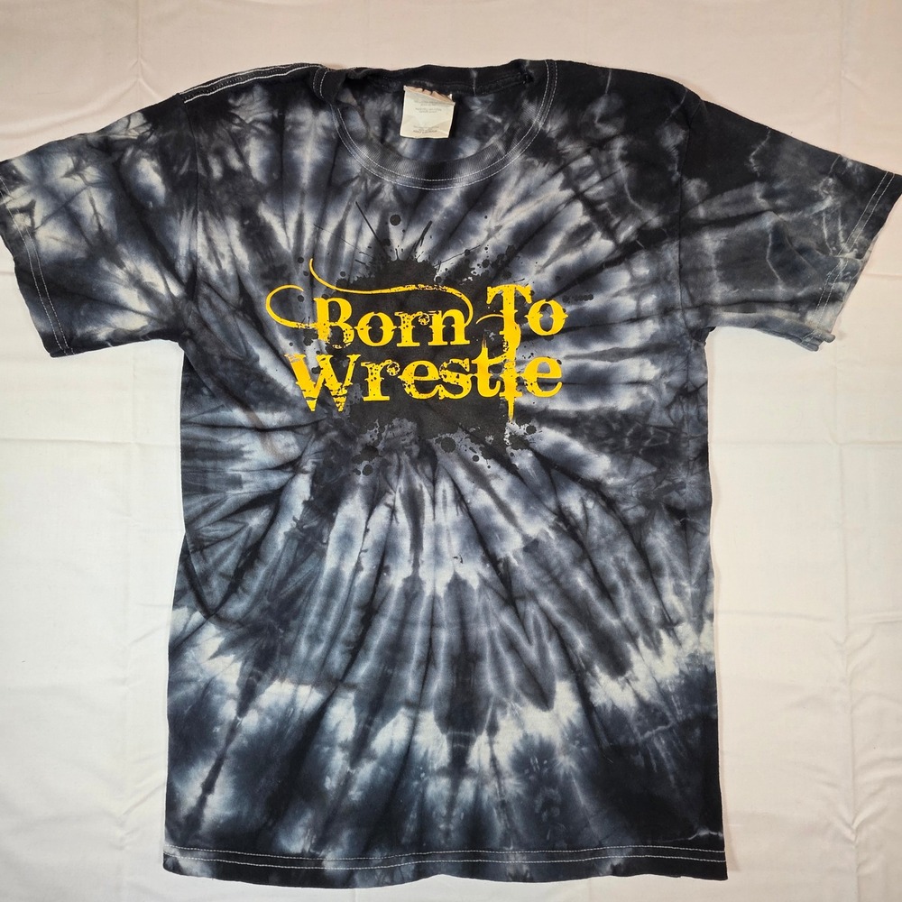 Vintage Hanes Born To Wrestle Tie Dye Graphic T-Shirt Mens Small Black Yellow